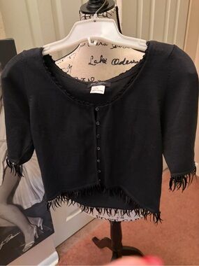 Betsey Johnson Black crop fringe  Cotton Button-Front Top L